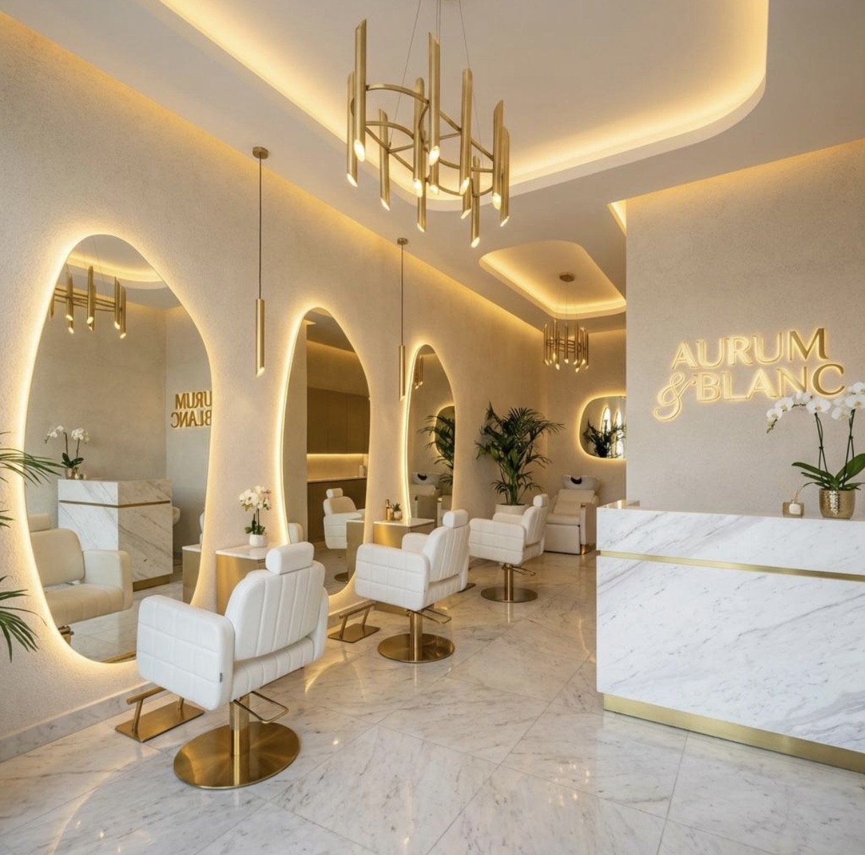 Interior luminoso de Lumière Beauty Studio con espejos arqueados y estaciones de belleza